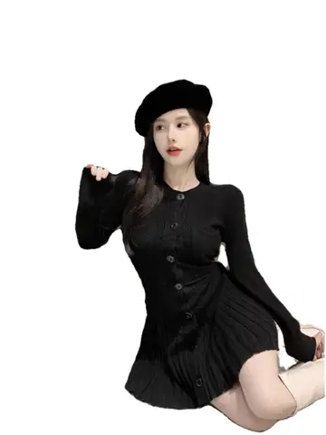 한국 스타일 순수한 매력 짧은 니트 베이스 레이어 스커트 여성용 가을 겨울 신상 슬림 핏 이너웨어 플리츠 드레스