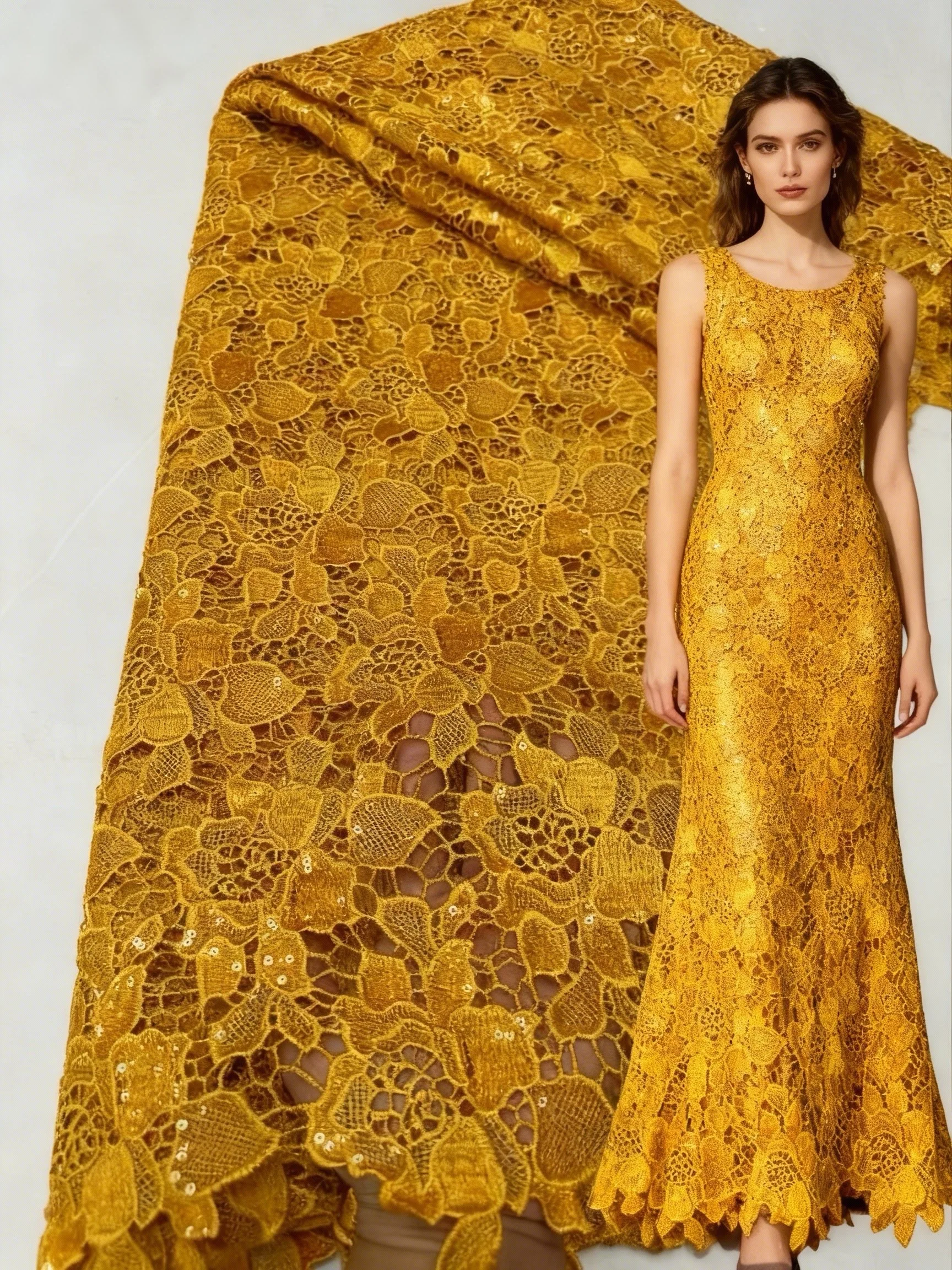 

Gold African Cord Lace Fabric 2026 High Quality Water Soluble With Sequins Nigerian French Guipure Cord Lace for Wedding Sewing