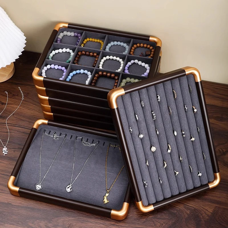 Wooden Jewelry Storage Tray Ring Earring Bracelet Necklace Watch Display Plate Counter Jewelry Organizer Stackable Tray