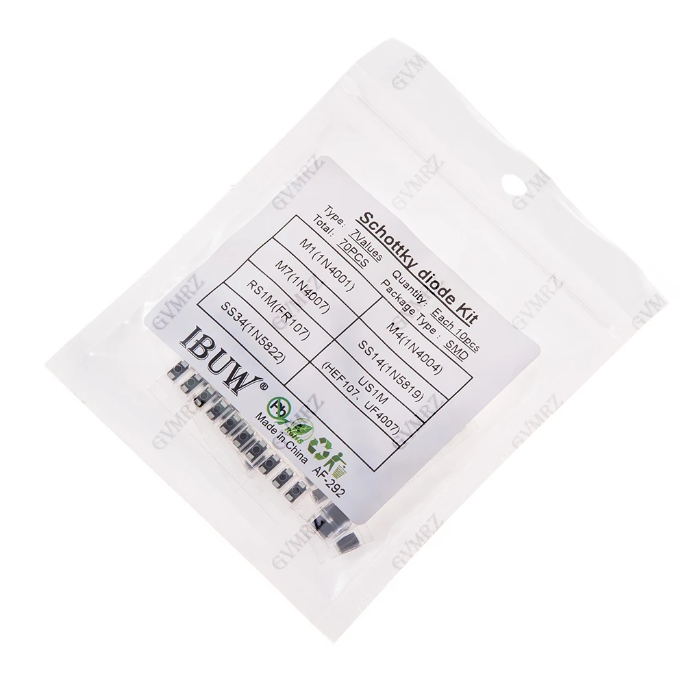 70PCS 7Values SMD Schottky Diode Kit M1 M4 US1M SS34 for Electronic Rectification Projects M7 SS14 RS1M