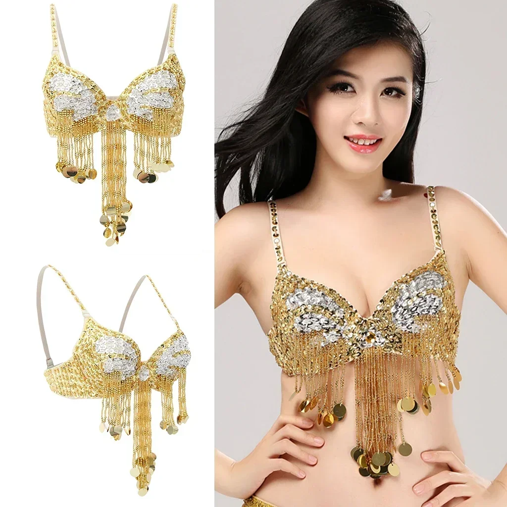 Damski błyszczący top z cekinami i frędzlami Raves Belly Dance Club Wear