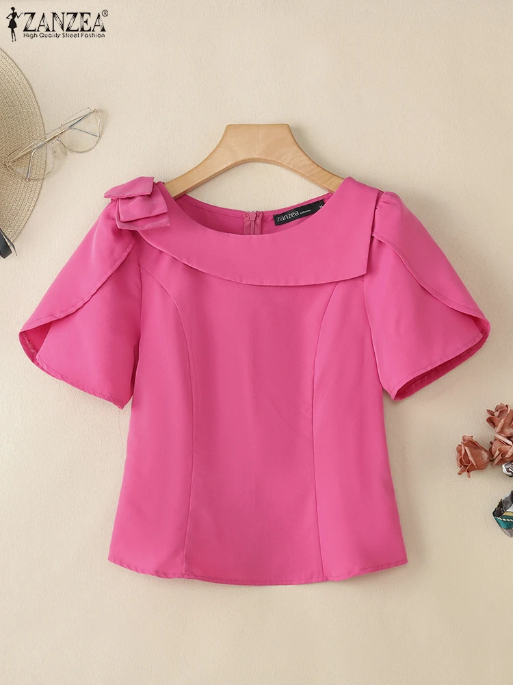 

Women Summer Work OL Blouses ZANZEA Elegant Bows Shirt Fashion Short Petal Sleeve Party Blusas Solid Slim Fit Satin Tops Tunic