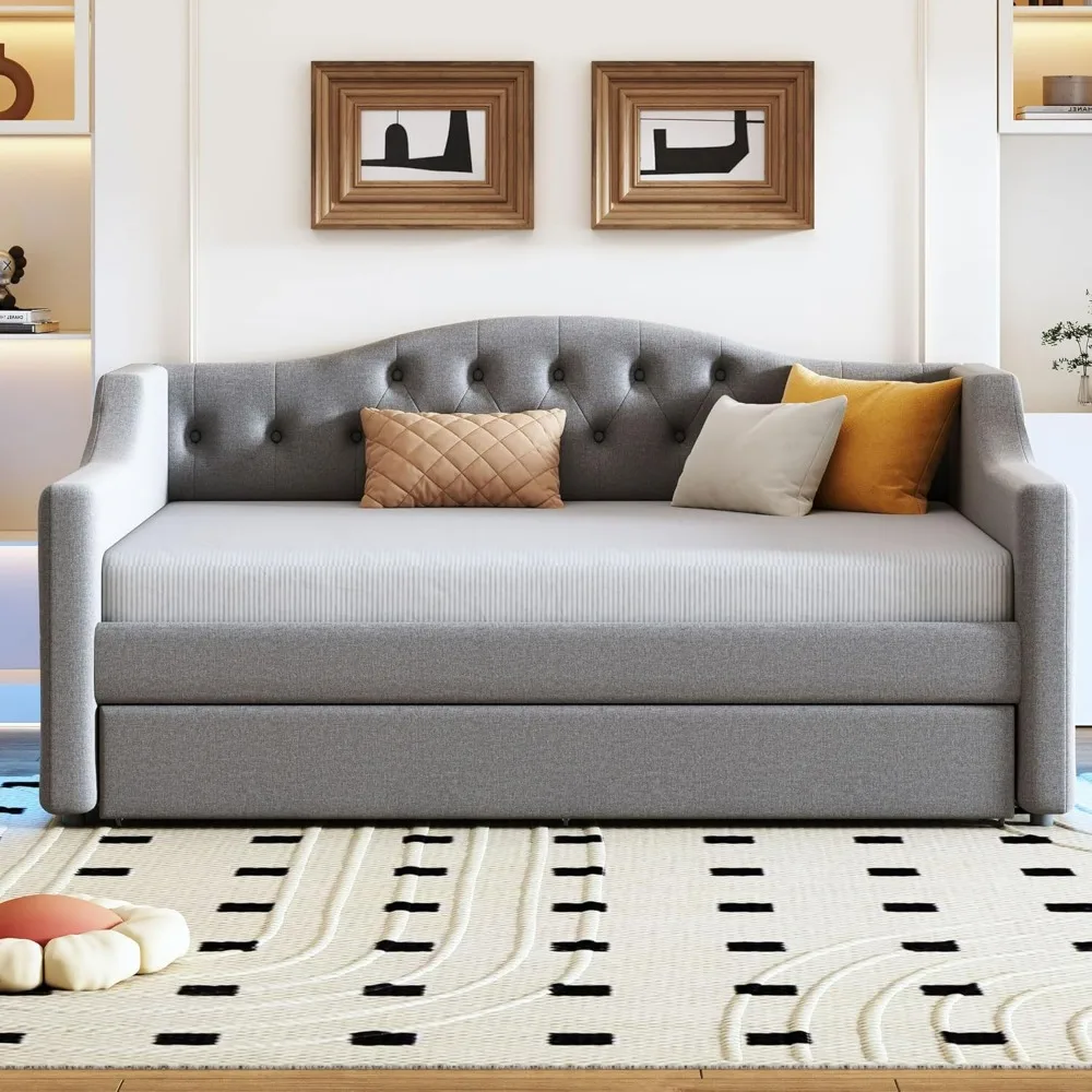 سرير نهاري XL مع إضاءة LED، إطار سرير نهاري مغطى بالكتان مع شرائح من الخشب الصلب لسكن الضيوف #3