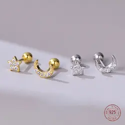 925 Sterling Silver Asymmetrical Stars and Moon Stud Earrings for Women Girl Students Cute Zircon Small Earring Luxury Jewelry