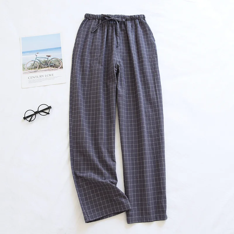 Japanese new spring and autumn couples cotton crepe cloth plaid trousers men and women large size home pants simple casual pants