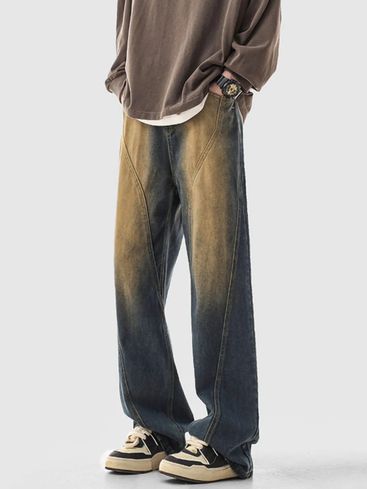 

Casual Straight Leg Men's Jeans Yellow Clay Dye American High Street Vibe Trendy Brand Cool Street Sle Loose Fit Long Pants