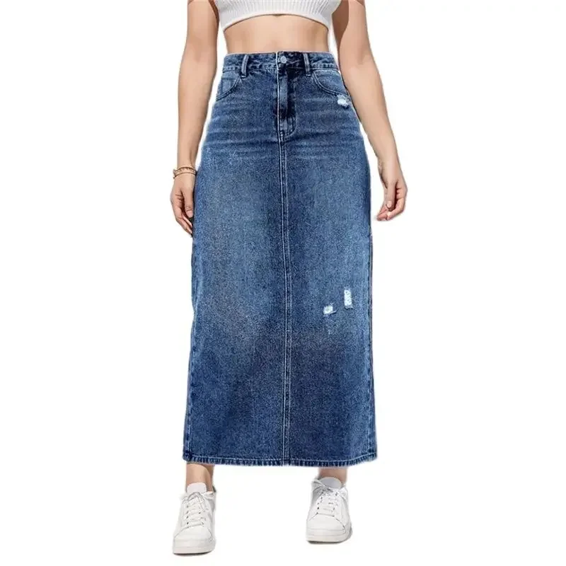 

High Waist Denim Long Skirt Women Broken Holes Back Split Hem Half-body Dress Female Comfortable Casual Fashion Trend Streetwear