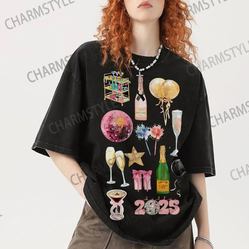 

Футболка 2025 года, коктейльная вечеринка, наряд с шампанским, футболка с воздушным шаром и бантом, наряды в стиле Y2k, хлопковая футболка высокого качества