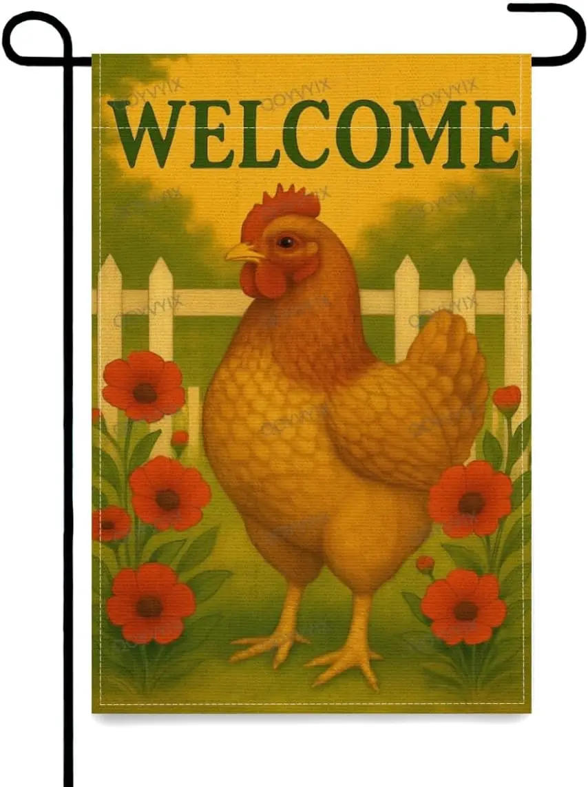 Garden Flags Chicken Sunshine Warm Flowers Welcome Double Sided Outside Yard Decoration Small Yard Flag 12x18 Inch DDI GGX