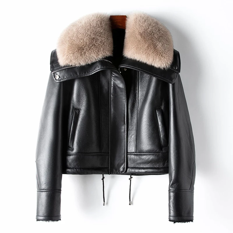 Fashion Real Fox Fur Collar Double-faced Fur Sheepskin Jackets Coats Women Raglan Sleeve Short Real Leather Motorcycle Jackets