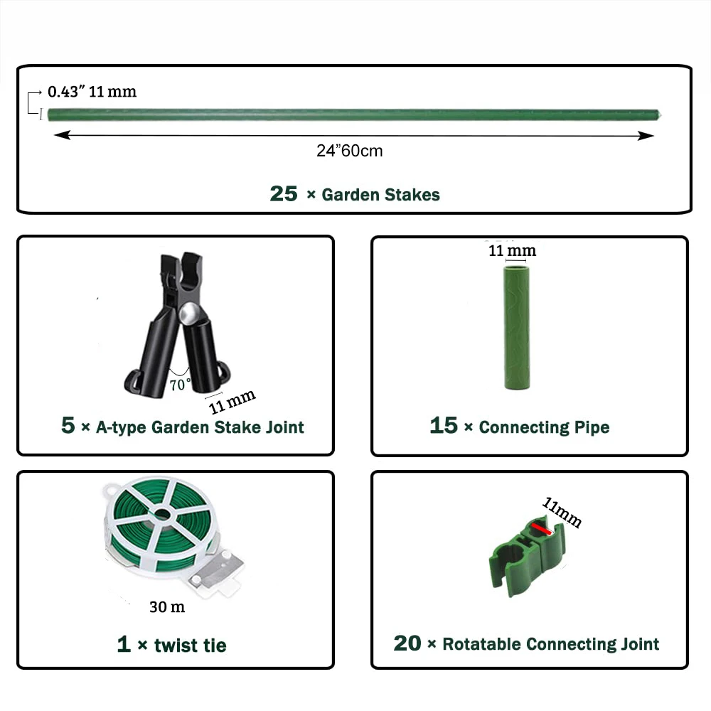 25 24 인치 길이 식물 지원 정원 말뚝 세트 15 커넥터, 20 개 회전 클립 5 A 형 연결 파이프 및 30 m 트위스트 타이