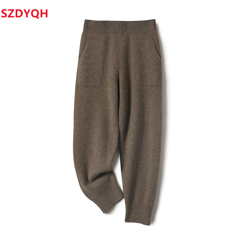 

Women Pants 2023 New Autumn and Winter Soft Comfortable High-Waist 100% Wool Knitted Thicken Pants Female Solid Casual Trousers