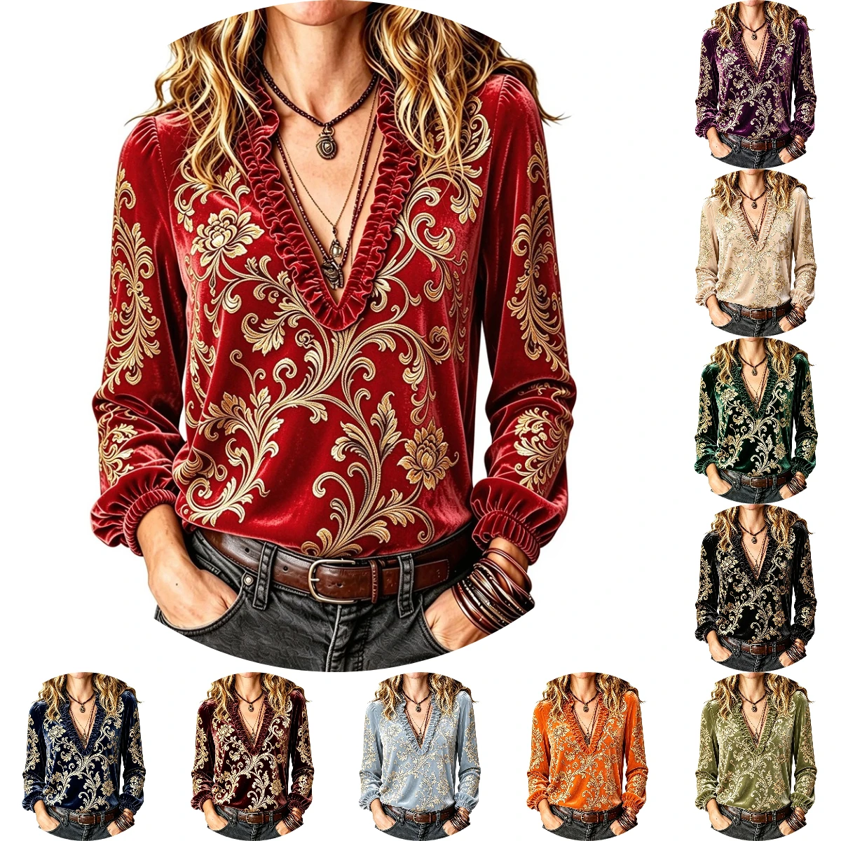 Lady Velvet Baroque Floral Print Blouse Ruffled V-Neck Long Sleeve Shirt Women Boho Ethnic Loose Daily Casual Tops
