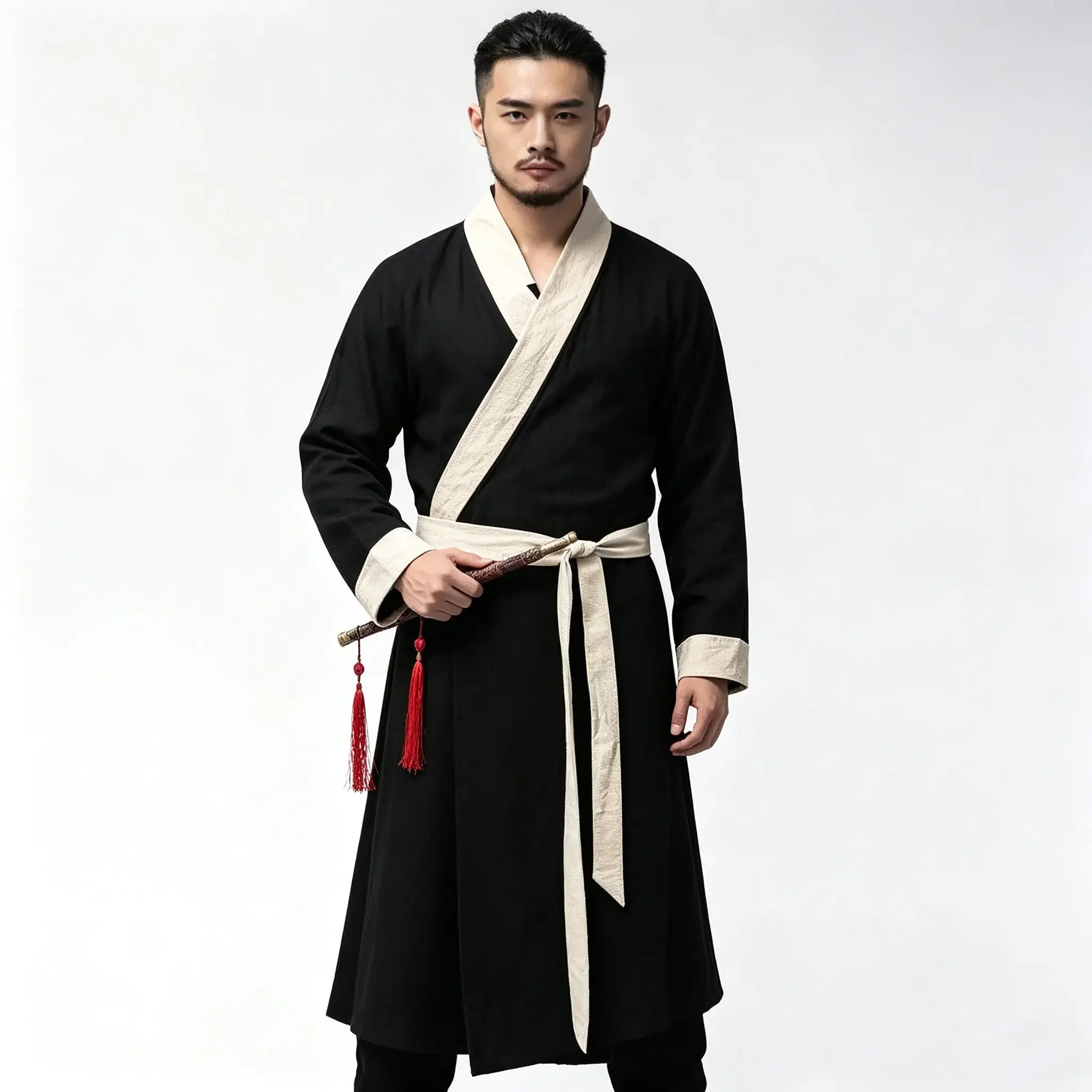 Men Black Ancient Warrior Robe White Cross Collar Belted Long Coat Oriental Knight Costume with Tassel for Cosplay Party view 2