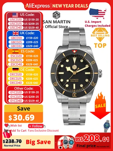 San Martin nuevo reloj de buceo Vintage BB54 de 37mm NH35 relojes de pulsera mecánicos automáticos para hombres zafiro luminoso resistente al agua 200m SN0138