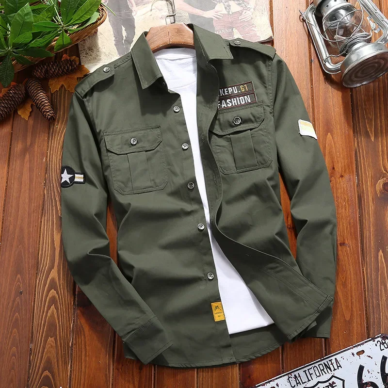 Men\'s Shirts Khaki Vintage Jacket Korean Shirt Cotton Casual Military Slim Fit with Pocket Long Sleeve Streetwear Drop Shipping