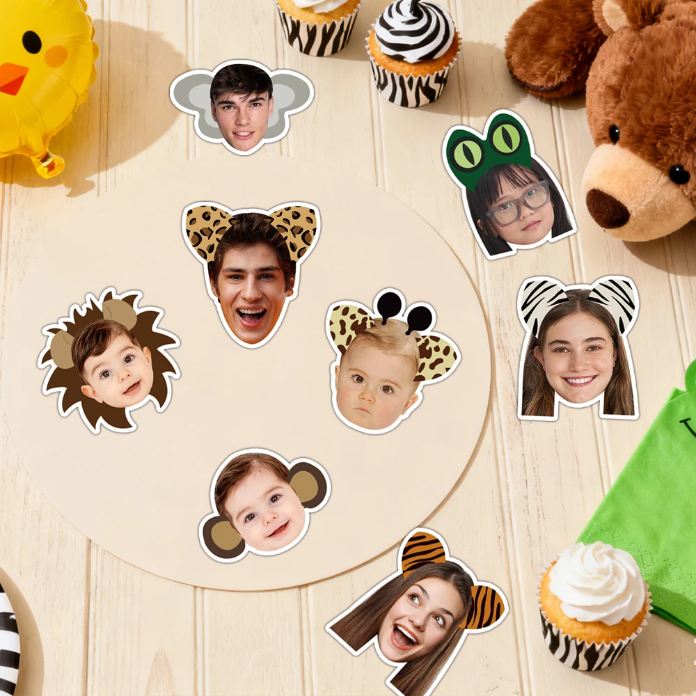 20/40 stücke Benutzerdefinierte Cartoon Tier Party Gesicht Foto Aufkleber Tier Motto Party Dekoration Kinder Geburtstag Party Baby Dusche Liefert