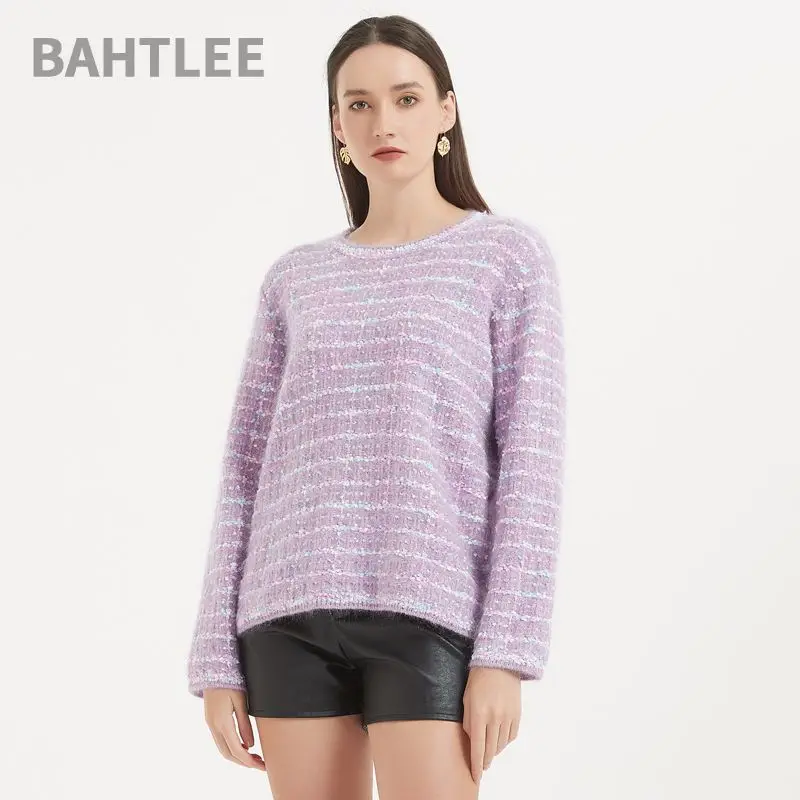 

BAHTLEE-Women's Mohair Knitted Pullover, Stripe Weaving, O-Neck Sweater, Long Sleeves, Wool Jumper, Multicolor, Winter