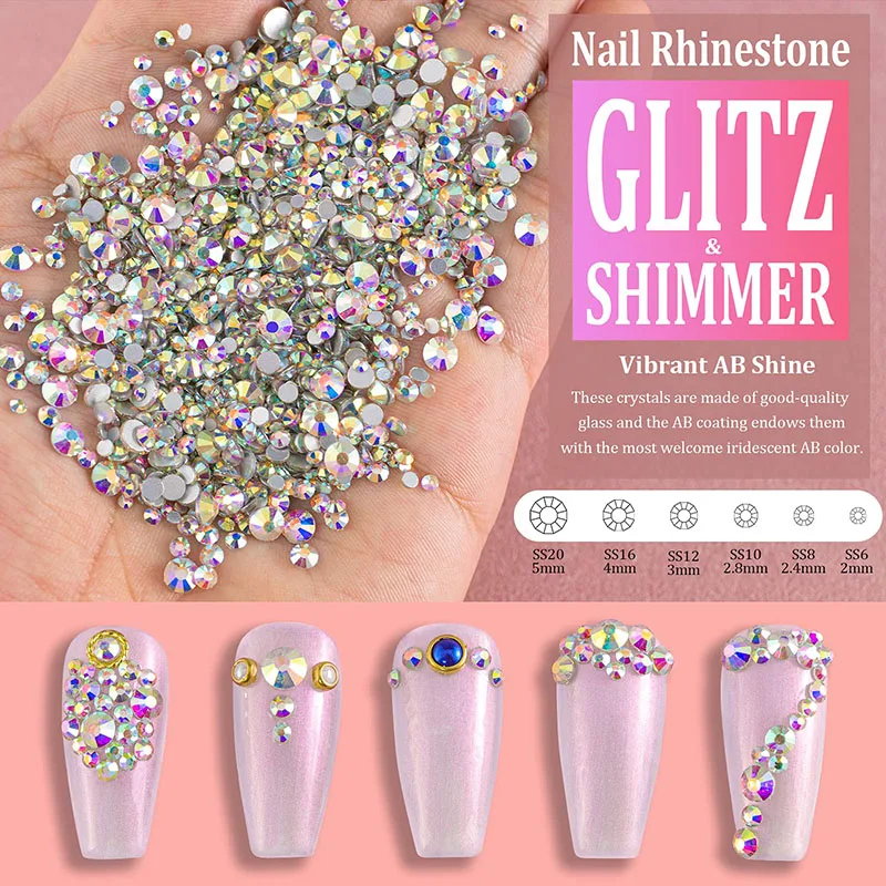 1440 Stück/Beutel AB/Klare Runde Mini-Nageldiamanten SS3-SS20 (1,3-4mm) Flache Rückseite Nicht-Hotfix Nagelkristalle Klare AB Maniküre-Glassteine – Detail 6