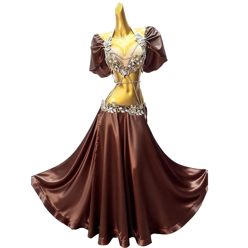 فستان الرقص الشرقي للبالغين والأطفال AB Stone الراقية البني سبليت هيم تانجو الملابس النسائية المهنية #4