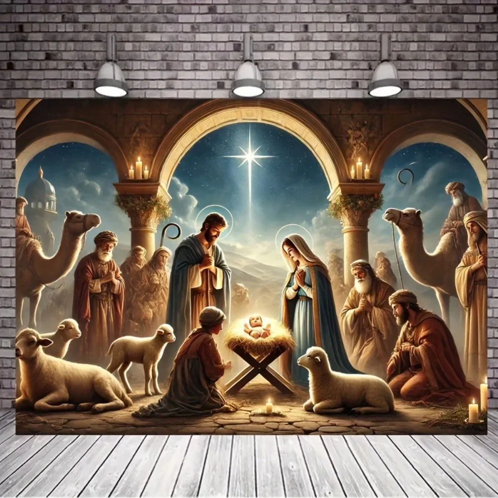Christmas Nativity Scene Banner - indoor and outdoor holiday decorations, background for Nativity photos of the Holy Family