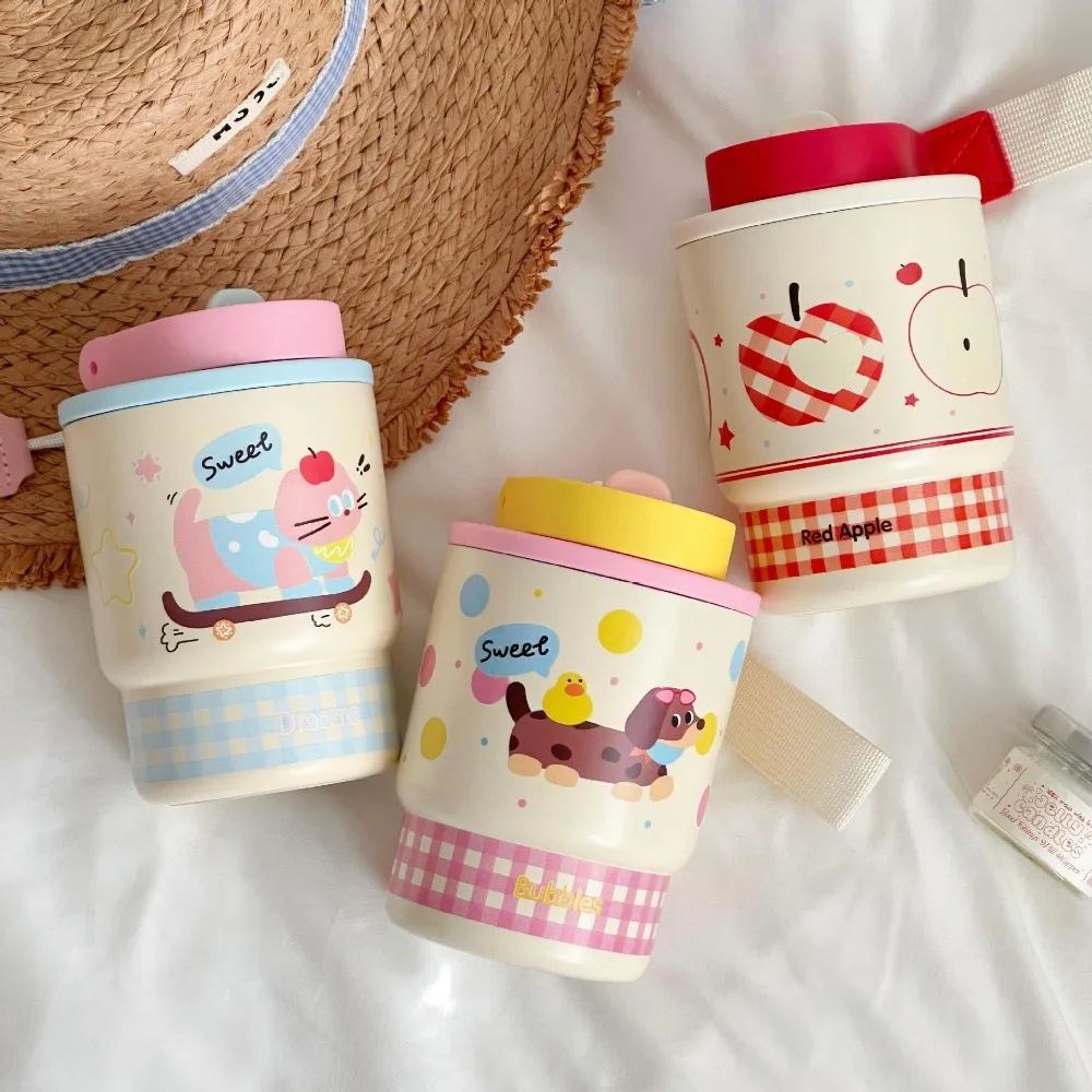 

Cartoon Double Drink Thermos Cup Vacuum Insulated with Straw Stainless Steel Coffee Cup Leak Proof Thermal Mug For Women