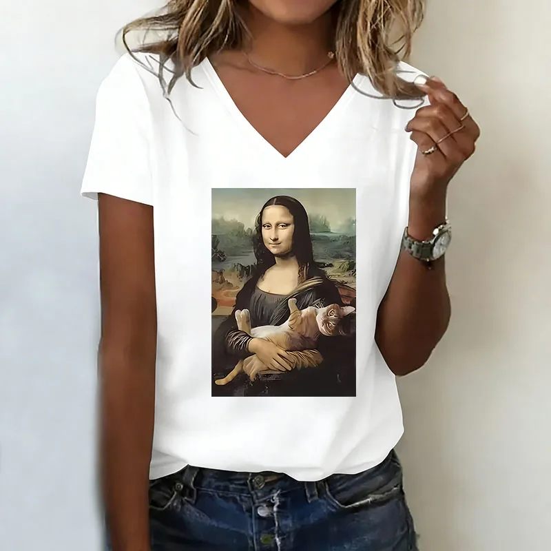 Vintage Mona Lisa mit Katze T-Shirt V-Ausschnitt Lässige Mode Retro T-Shirts Damen Kurzarm T-Shirt V-Ausschnitt Ästhetisches Shirt