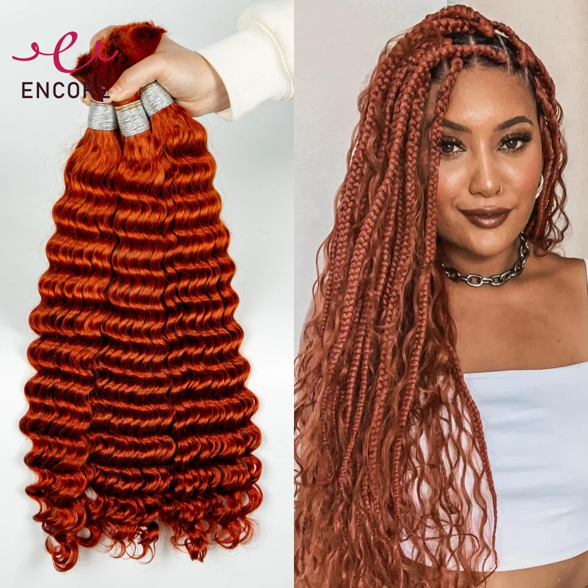 Ginger Orange 28Inch Human Hair Bulk Deep Wave Hair Bundles for Braiding 100% Virgin Human Hair Bulk for Boho Braided Extensions