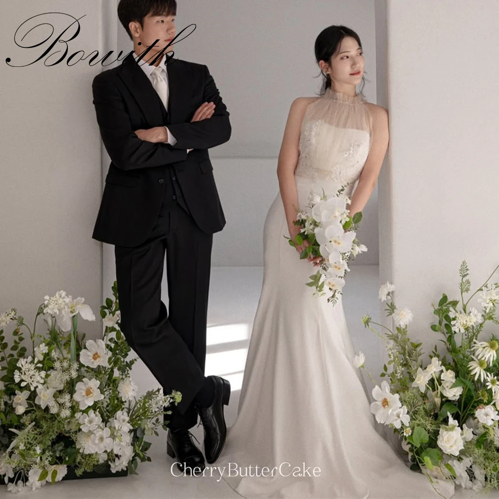 

Bowith Mermaid Korea Wedding Dresses High Collar Floral Appliques Bridal Gown Customized Elegant Photo Shoot Dresses