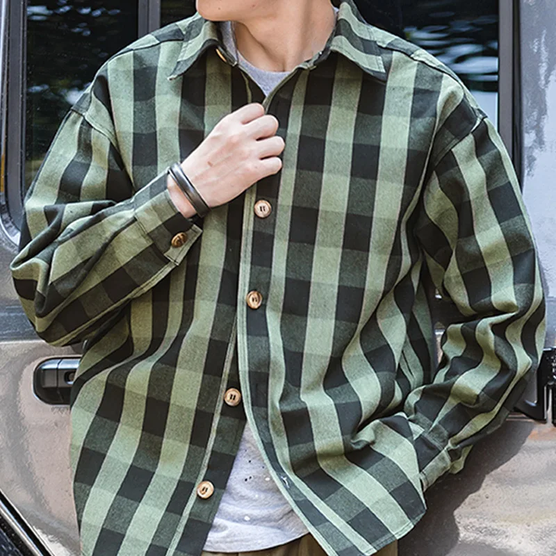 Maden Harajuku Plaid Men\'s Shirts Retro 360G Heavy High Quality Casual Single Breasted Loose Long-sleeved Turn-down Collar Shirt