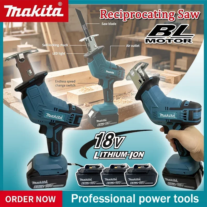 Makita Cordless Brushless Reciprocating Saw, Electric Power Tool, Portable, Wood, Metal Pipe, Cutting Chain Saw for 18V Battery