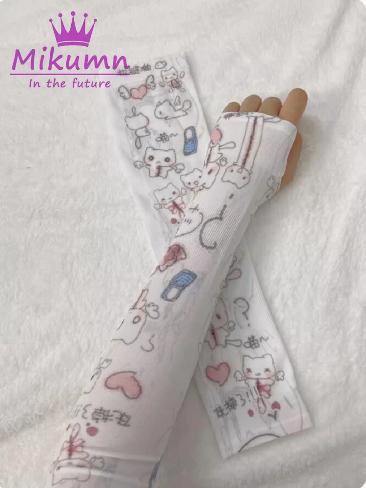 Mikumn Harajuku Y2k Japanese Kawaii Print Long Gloves Protection Arm Sleeves Summer Sunscreen Ice Silk Cover Fingerless Gloves