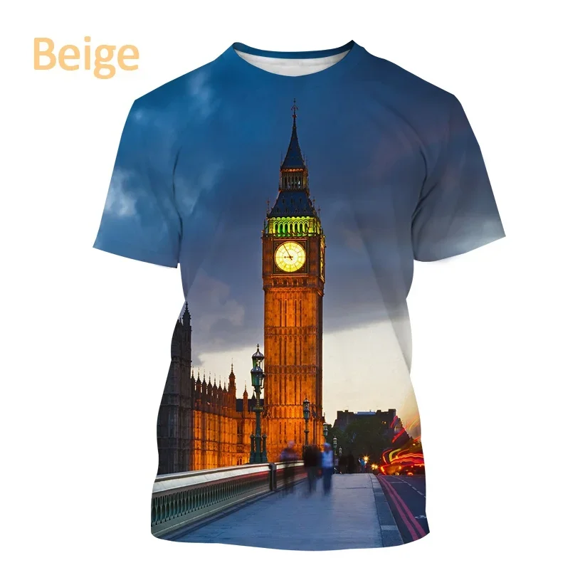 2024 New British London Big Ben Printed Short-sleeved T Shirt Men and Women Casual Clock Tower Building Streetwear Top