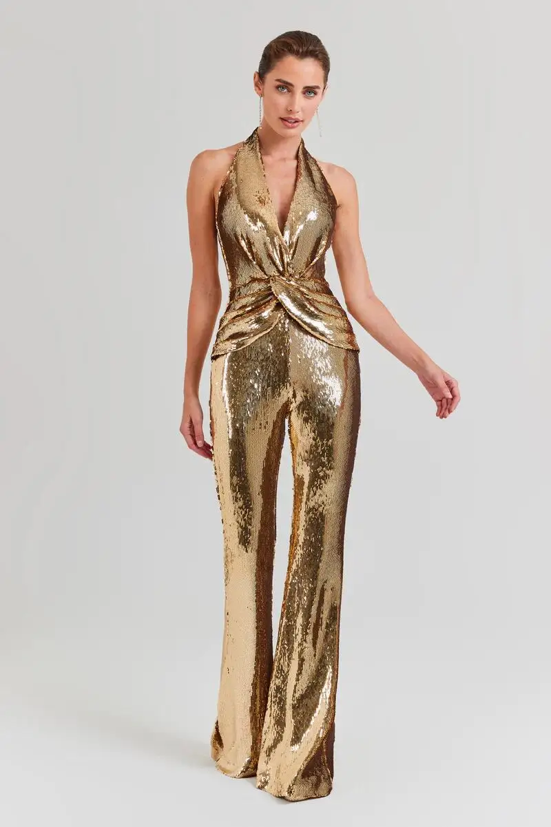 

Golden Sequins Women Jumpsuit Prom Dress Sexy Halter Sleeveless Glitter Shiny Bling Party Evening Dresses Formal Sheath Robe