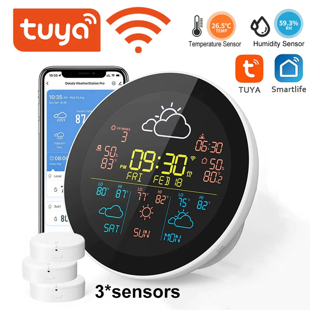 Tuya WiFi Intelligent Weather Clock 3-Day Weather Forecast Weather Station Wireless Thermometer Hygrometer LCD Display 1 sensors