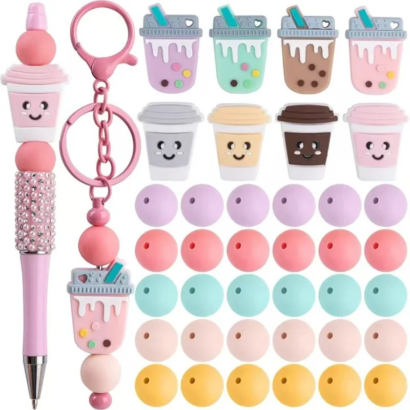 48 Pcs Mixed Style Coffee & Drink Cup Silicone Beads Set, Pink Series Beads for DIY Keychain Making & Craft Supplies