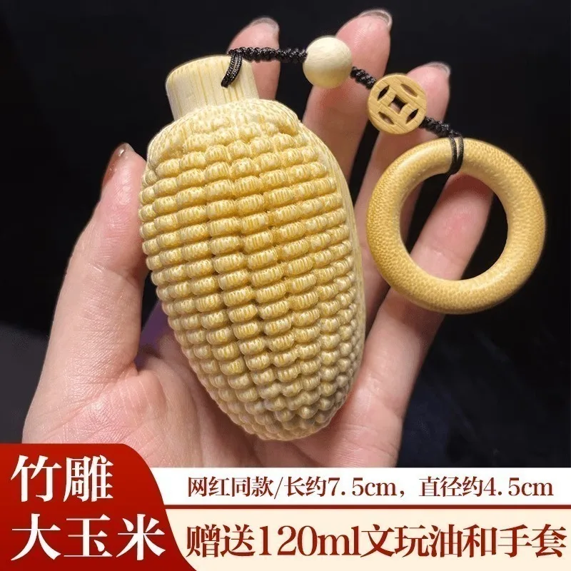 Large Corn Pattern Solid Bamboo Carved Corn Handpiece Dragon Blood Gold Wire Bamboo Palm Play Decoration Collectible Craft Gift