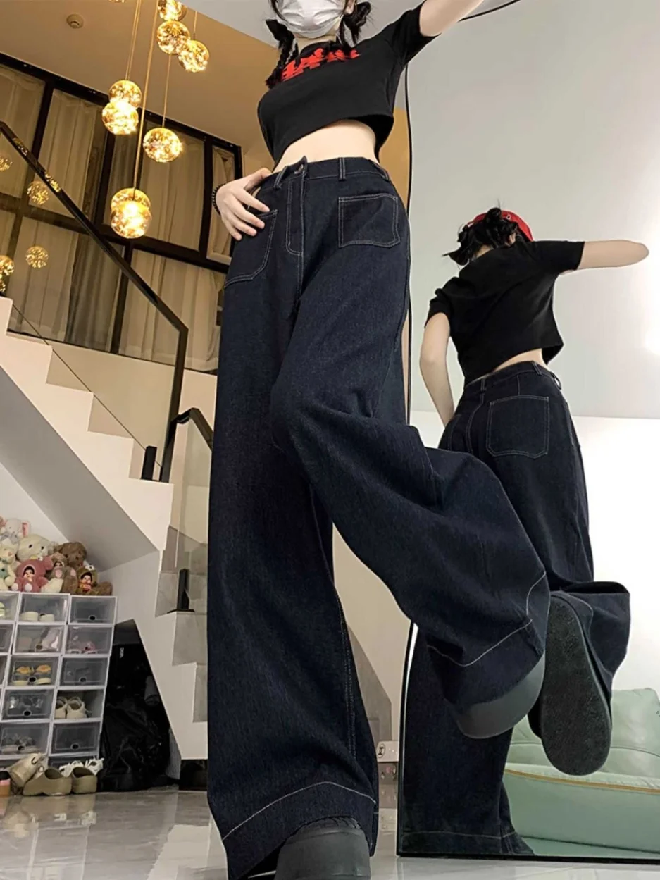 American Retro Wide Leg Denim Jeans Women's High Waist Loose Straight Floor-Length Pants Spring Autumn plus Size Slimming