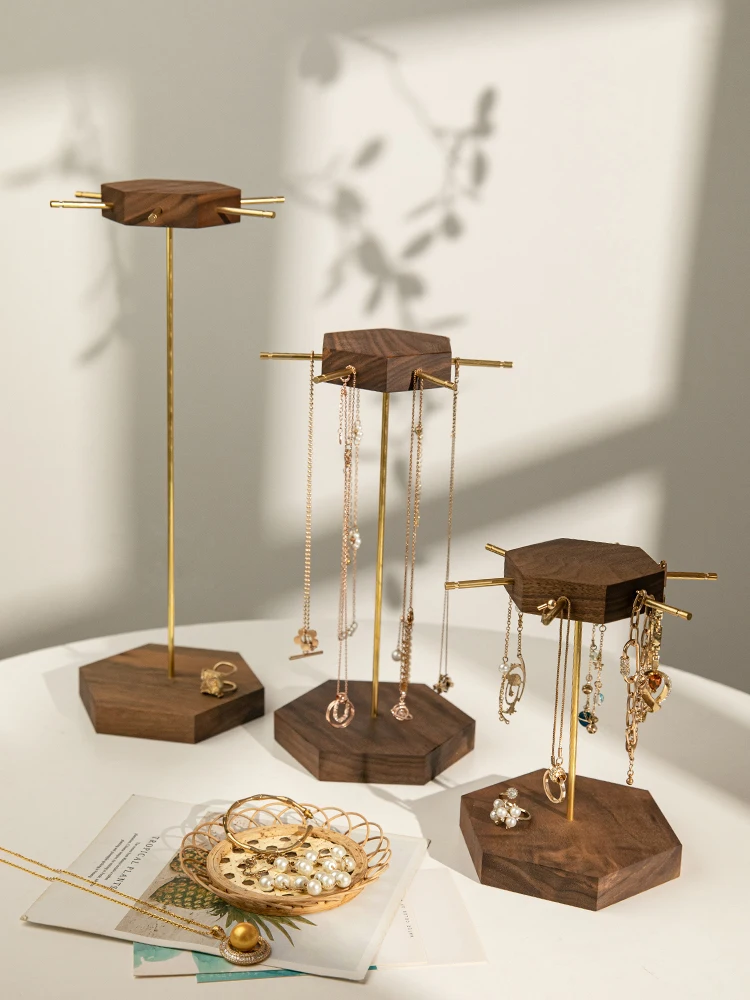 

Walnut Brass Hanging Bracelet Shelf, Jewelry Display Props, Creative Hexagonal Sun Necklace Display Shelf, High-Grade