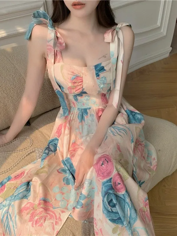 

Fashion Leisure Suspender Long Dress Summer Elegant 2025 Women Korean Style Waist Cinching Temperament Girl Floral Dresses G0II