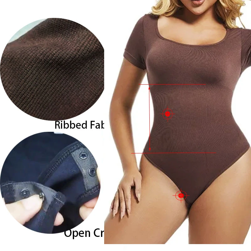 GUUDIA Short Sleeve Open Crotch Big U Neck Seamless Shapers Spandex Elastic Body Suit Shapewear Women Body Shaper Tummy Control