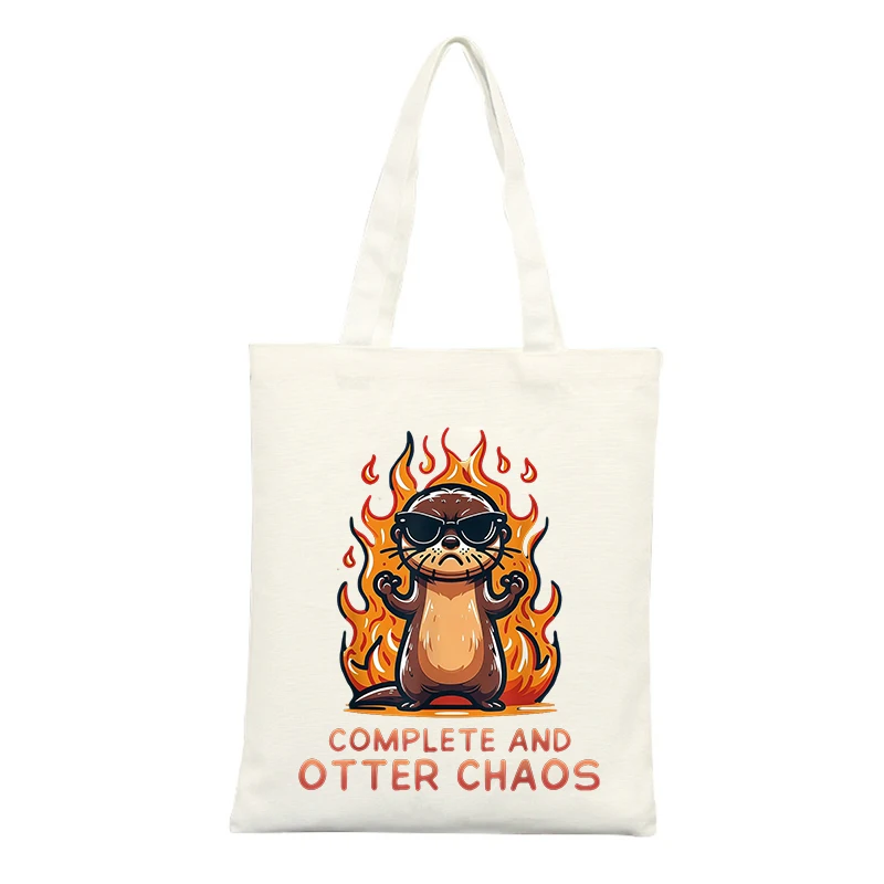 Canvas Tote Bag with Otter and Flame Graphic, Casual Style for Daily Shopping and Outings
