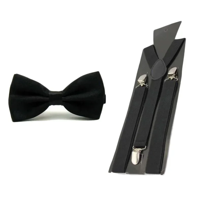 Solid Color Men's Matching Suspenders Braces & Bow Tie Set Male Y-Back Suspender Elastic Straps Clothing Accessories