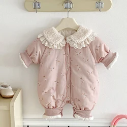 Infant Girls Velvet Jumpsuit Autumn Winter Children's Thickened Warm Cotton Clothes Newborn Lace Doll Collar Floral Romper