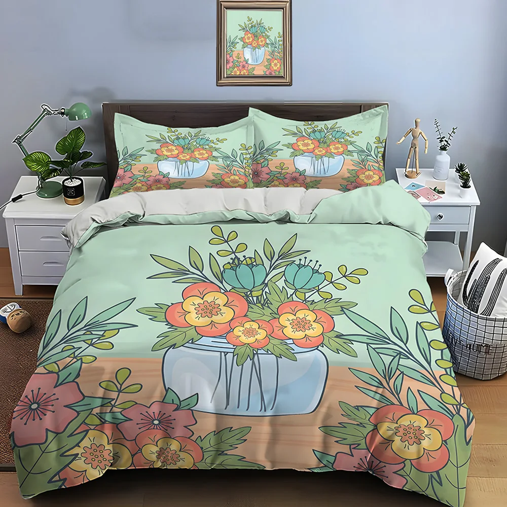 3pcs Illustrated flowers in vase Print Bedding Set 1 Duvet Cover 2 Pillowcases for Adult and Children Luxury Gift Full Size