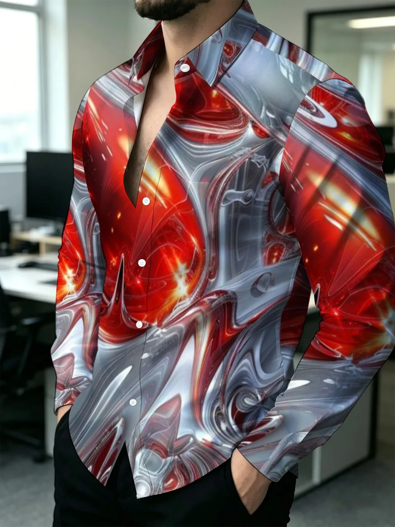 New wine red background rainbow wings retro paisley cashew flower full print men's collar smooth long sleeved shirt