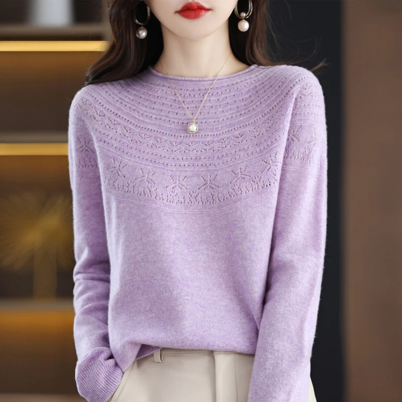 Trendy Style One-Line Ready-To-Wear Pure Wool Sweater Women\'s Hollow Knitted Pullover Autumn and Winter Rolled Edge O-Neck Top