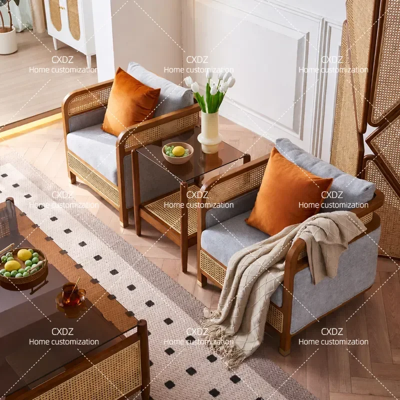 New Chinese Style Wabi Sabi Sofa Chair Simple Rattan Solid Wood Leisure Chair Living Room Ash Wood Balcony Three Piece Set