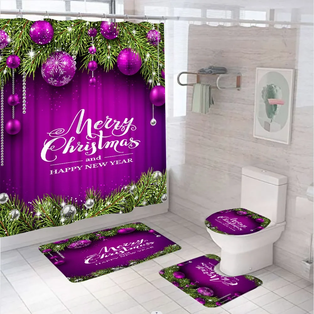 Christmas Shower Curtain Set For Bathroom Decor Purple Xmas Balls Snowflake Winter Green Pine Branch Rug Toilet Cover Bath Mats