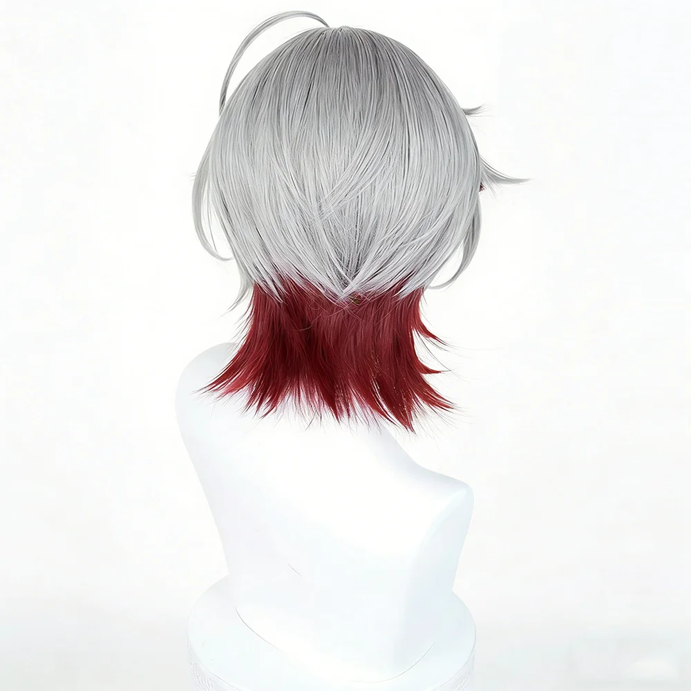 Game Genshin Impact Illuga Cosplay Wig Men Silver Grey Red Mixed Short Hair Heat Resistant Synthetic Wig Halloween Carnival Prop